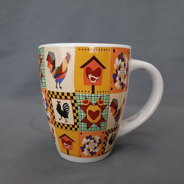 V & S Houseware Ceramic Coffee Mug Tea Cup Quilt Pattern with Roosters and Birds