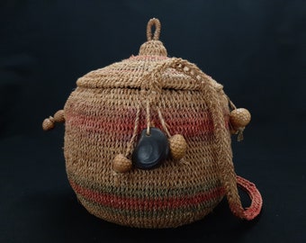 Multicolor Stripe Abaca Natural Fiber Rope Basket with Lid and Carrying Strap Basket Purse