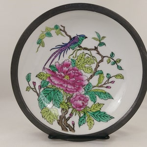 Vintage Hand Painted Chinese Porcelain Bowl Encased in Metal Pewter Frame Peonies and Phoenix