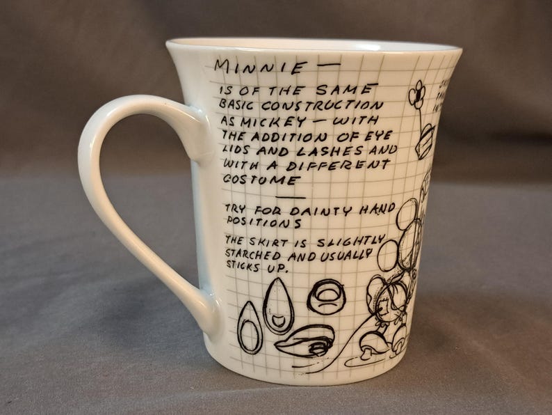 Op de afbeelding: Een witte keramische mok met een zwart handvat. De mok heeft een zwart-witte illustratie van Minnie Mouse en tekst die luidt: "Minnie - Is van dezelfde basisconstructie als Mickey - met de toevoeging van oogleden en wimpers en met een ander kostuum. Probeer elegante handposities. De rok is licht gestarched en staat meestal omhoog."