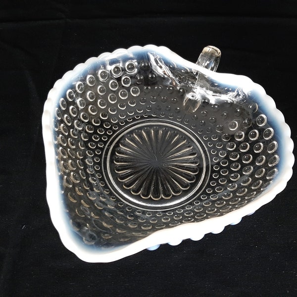 Anchor Hocking Moonstone Clear & Opalescent Hobnail Crimped Handled Heart Shaped Bowls, Nappy Bowls