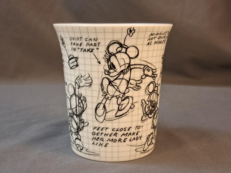 Op de afbeelding: Een witte keramische mok met een zwart-witte illustratie van een cartoonfiguur. De illustratie toont een vrouwelijk figuur met een rok, en de tekst "SKIRT CAN TAKE PART IN "TAKE"" staat op de mok. De tekst "MINNIE'S NOT QUITE AS MIGACH" staat ook op de mok. De tekst "FEET CLOSE TO GETHER MAKE HER MORE LADY LIKE" staat op de mok.