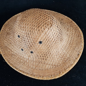 Vintage Rare Asian Handwoven Bamboo and Banana leave Lattice Pith Helmet Safari Helmet Hat Made In The People’s Republic Of China Ca. 1970s.