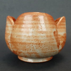 May include: A small, brown and white ceramic bowl with a unique, flower-like shape. The bowl has a textured, speckled glaze.