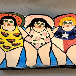 Original Pottery Plate by Janice Joplin Texas &quot;Beach Ladies&quot; Best Friends Platter 1997
