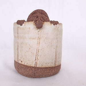 Studio Pottery Whimsical Funny Pottery with A Creature Peeking through the Wall Pen Utensil Hold Flower Pot