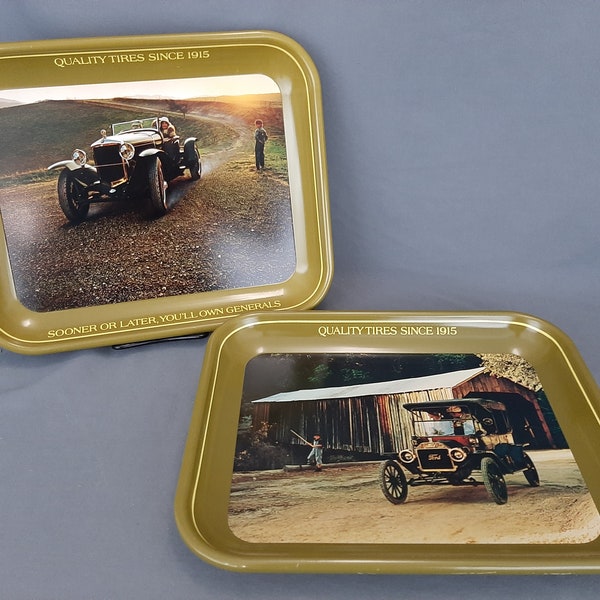 2 Vintage General Tires Metal Advertising Trays Reproduction “Quality Tires Since 1915”,