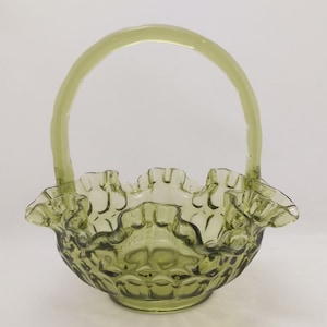 Fenton Thumbprint Green Glass Basket Bowl with Ruffled Edges & Crimped Handle