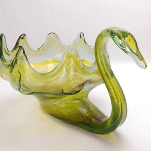Large Slag Glass Hand Blown Art Glass Swan Green Yellow and Clear Glass Swirl Glass Swan