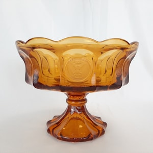 Vintage Fostoria Coin Pattern Amber Glass Pedestal Compote Fruit Candy Dish Mint Condition