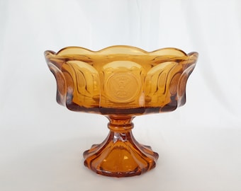 Vintage Fostoria Coin Pattern Amber Glass Pedestal Compote Fruit Candy Dish Mint Condition