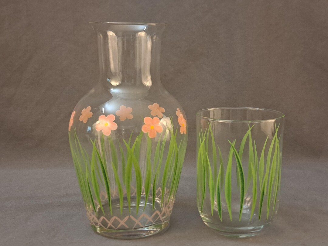 Vintage Tumble up Bedside Carafe & Water Glass Set Pink Flowers Pattern ...