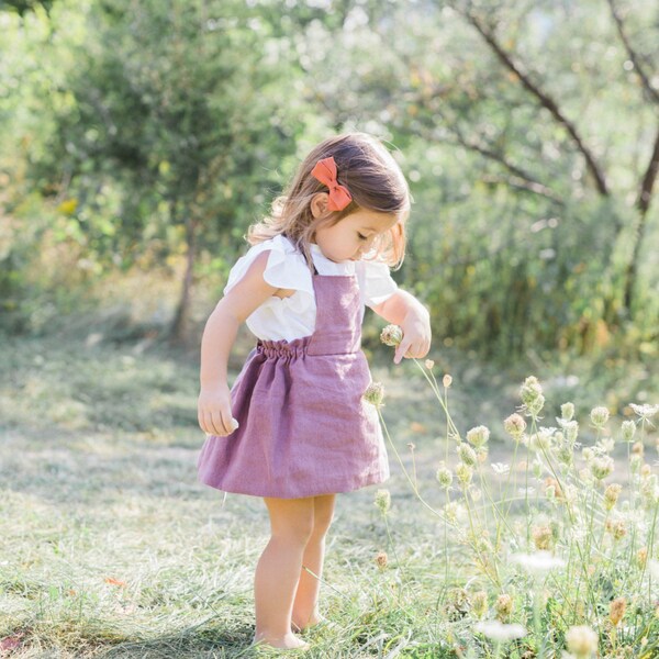 Toddler Linen Pinafore Dress, Cross Back Style, Made of 100% Linen in Antiqur Rose