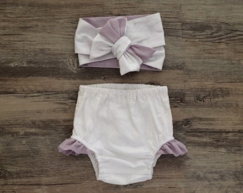 Baby Girl Feather Print Bloomers and Headwrap set, 3-6 months