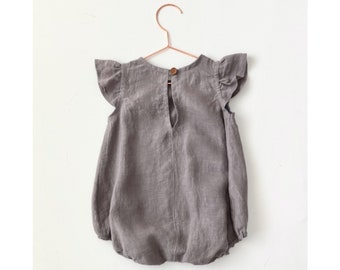 Ash Grey Linen Girls Bubble Romper, Flutter Sleeve , Birthday Outfit