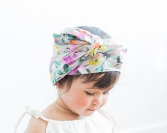 Baby Headwrap, Baby Turban, HeadBand, Watercolor Floral Print, Pink Beige, Newborn - 2 years