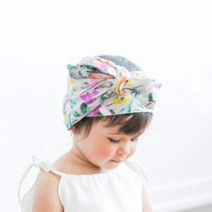 Baby Headwrap, Baby Turban, HeadBand, Watercolor Floral Print, Pink Beige, Newborn 2 years image 1