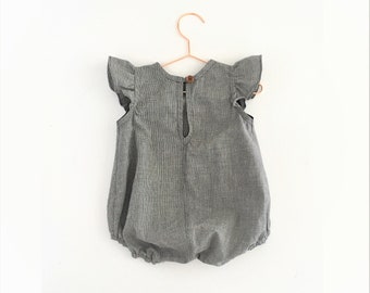 Organic Cotton and Linen Girls Romper, Black / White Houndstooth Check, Flutter Sleeve