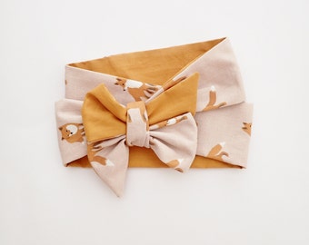 Baby Head Wrap, Toddler Headwrap, Kids Turban, Fox Print / Mustard Cotton,  Newborn - Adult