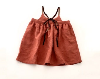 100% Linen Gathered Toddler Dress, Burnt Orange Loose Fit Oversized Dress