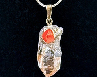 Crystal and Coral Pendant with Sterling Mounting on Sterling Chain