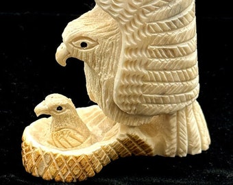 Carved Bone Native American Fetish, Eagle with Eaglet in Nest