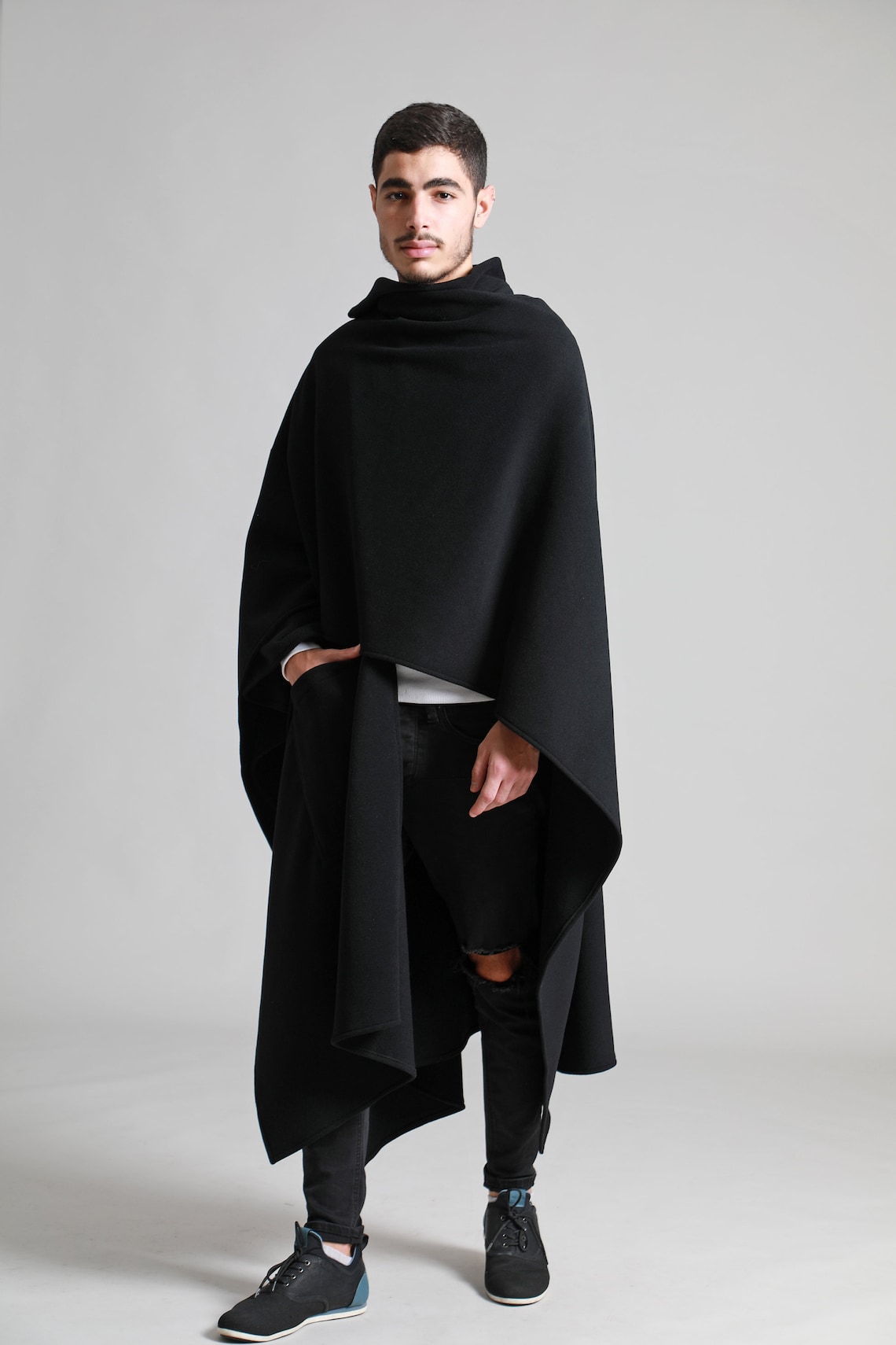 Black Wool Mens Poncho Cloak Winter Cape Coat | Etsy