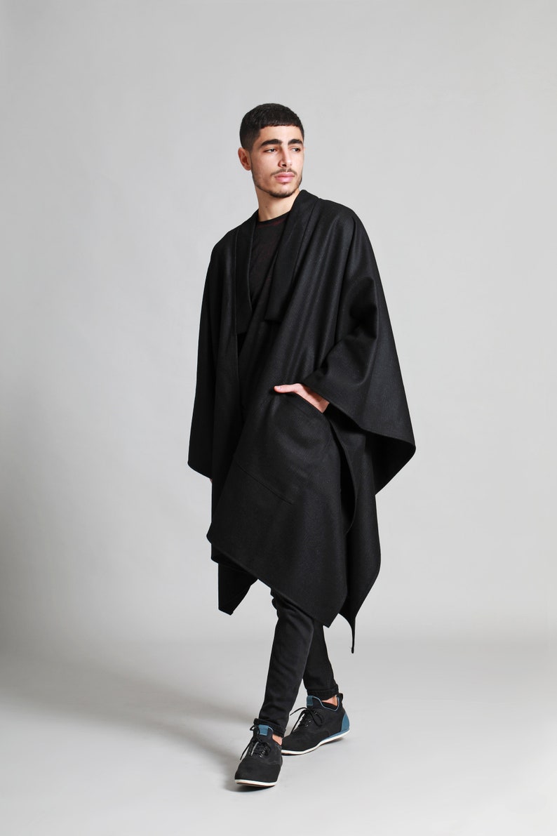 Black Wool Mens Poncho Cape Cloak For Winter Cape Jacket | Etsy