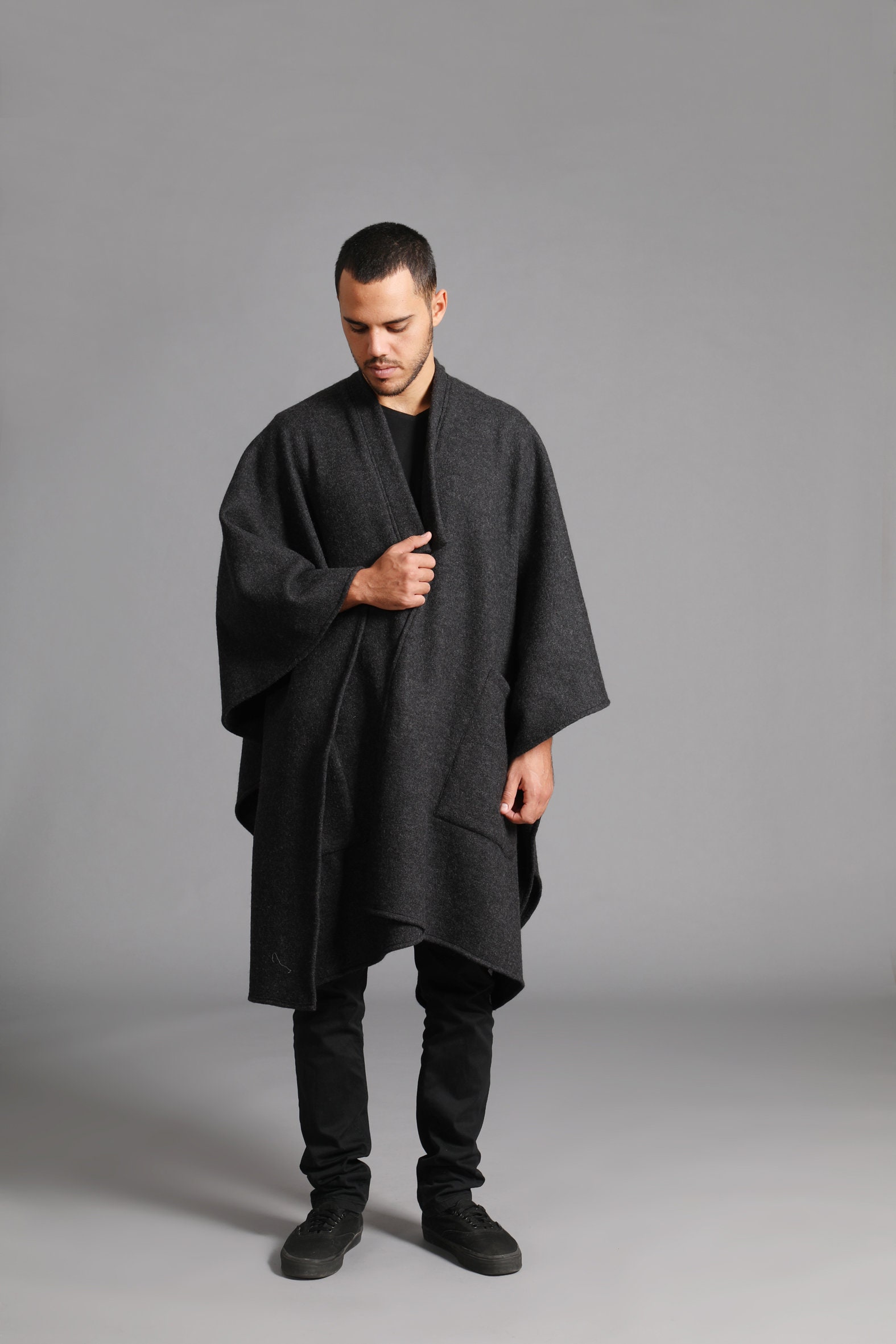 Black Wool Ponchos For Men Winter Cape Jacket Shawls And Etsy