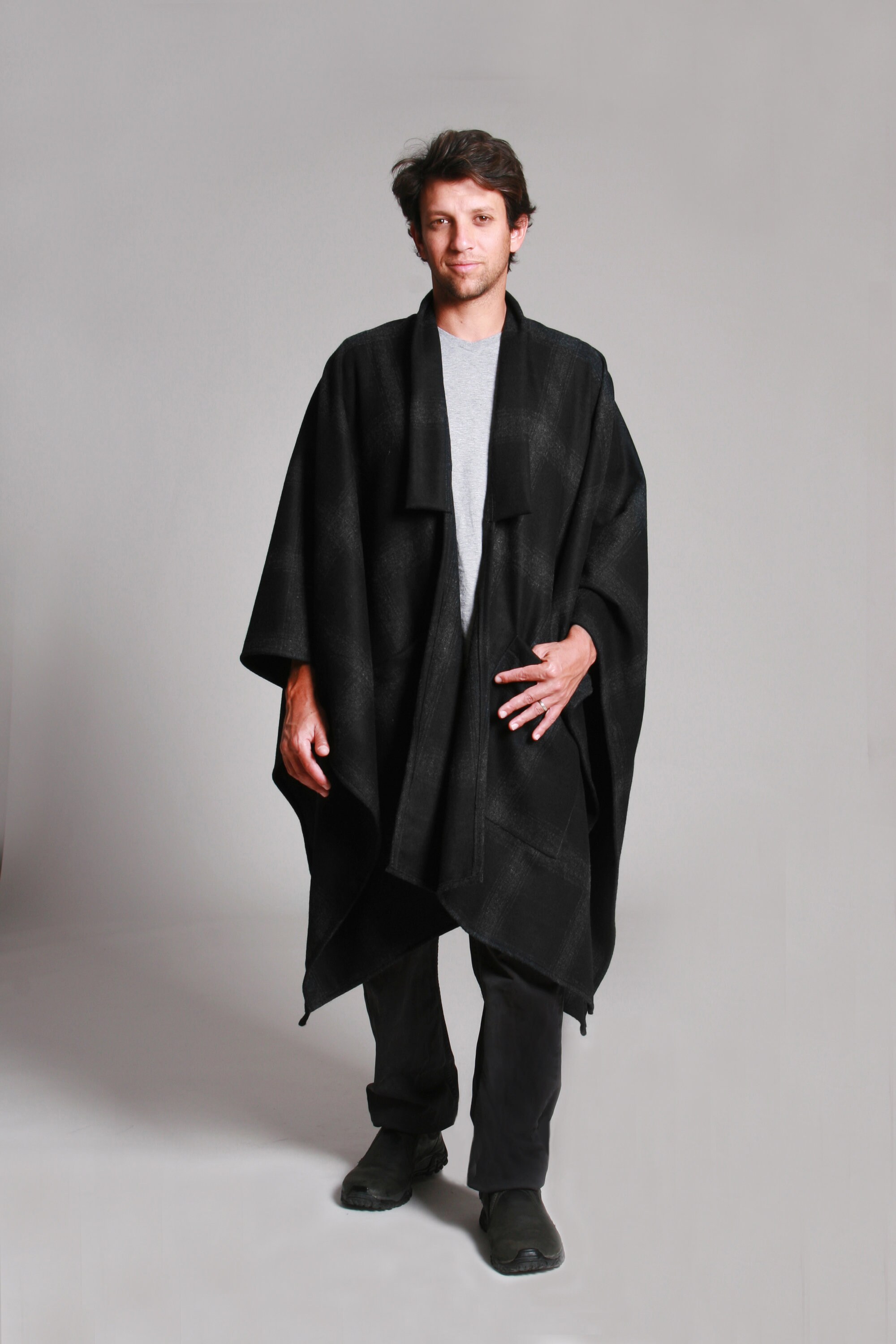 Wool Mens Poncho Black and Grey Checked Cape Coat for Winter - Etsy