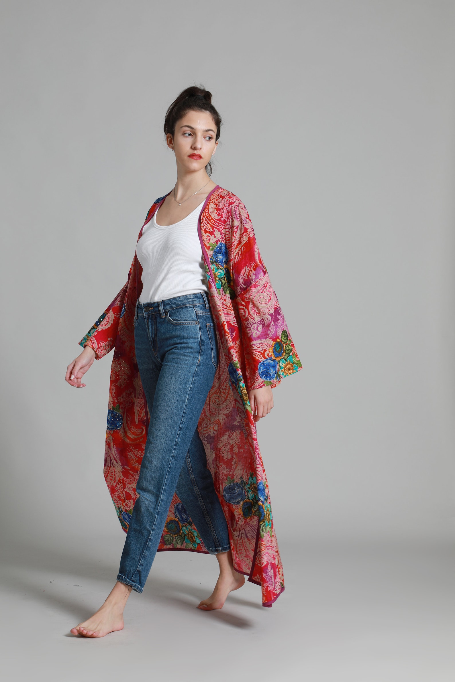 Multicolored Kimono Cardigan Cotton Long Cardigan Spring Etsy