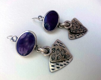 Sterling Silver Earrings with Purple Sugilite Cabs and Hanging Charms. Free U.S. Shipping