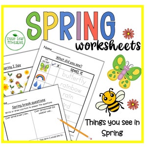 Könnte beinhalten: Ein Satz druckbarer Frühlings-Arbeitsblätter für Kinder. Die Arbeitsblätter bieten eine Vielzahl von Aktivitäten, darunter ein I-Spy-Spiel, ein Suchwort und eine Malvorlage. Die Arbeitsblätter sind mit bunten Frühlingsbildern wie Schmetterlingen, Blumen und Regenbögen verziert.