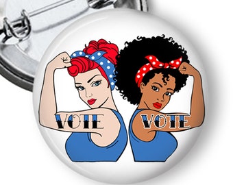 Rosie the Riveters with Vote Tattoo Button Lapel Pin by Cafe Cha Cha