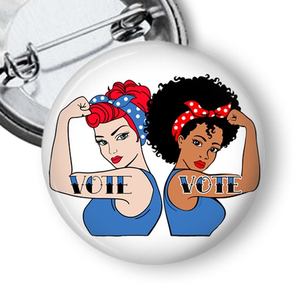 Rosie the Riveters with Vote Tattoo Button Lapel Pin by Cafe Cha Cha