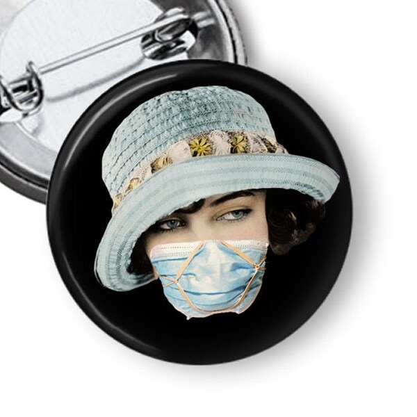 Wear a Mask Button - Retro 1920s Woman in Blue Hat - Masks Save Lives Old Hollywood Pin - 1 inch or 1.25 inches