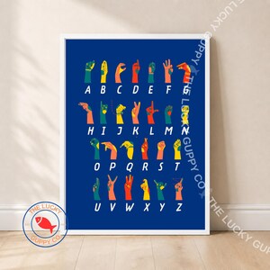 May include: A dark blue poster featuring the American Sign Language alphabet. Each letter from A to Z is displayed with a corresponding hand sign illustration in vibrant yellow, orange, red, and teal colors. The text The Lucky Guppy Co is visible.