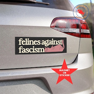 May include: A black and white car bumper sticker with a pink cat and the text "felines against fascism". The sticker is on a silver car. The sticker is available as a magnet or sticker.