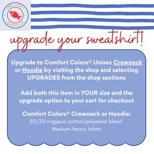 May include: Image features a blue and white striped pattern and text that reads "upgrade your sweatshirt!" A blue box contains text about Comfort Colors Unisex Crewneck or Hoodie upgrades. The Lucky Guppy Co. logo is in the upper left corner.