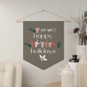 Bandiera con gagliardetto in tessuto per le feste in lingua dei segni americana, cartello da parete per insegnare ASL, arazzo per aula ASL, buon Natale per sordi e ipoudenti