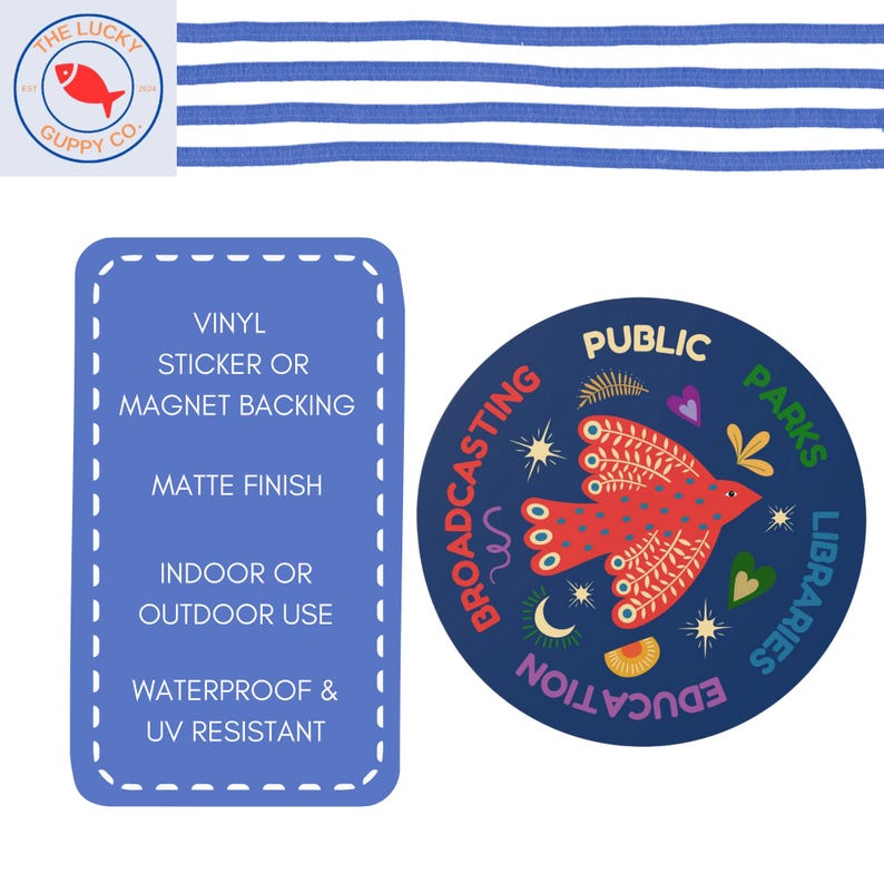 Puede incluir: Una tela a rayas azules y blancas, una pegatina azul con texto blanco y una pegatina redonda con un dise&ntilde;o de p&aacute;jaro rojo. La pegatina azul dice: "Adhesivo de vinilo o respaldo magn&eacute;tico, acabado mate, uso en interiores o exteriores, resistente al agua y a los rayos UV."