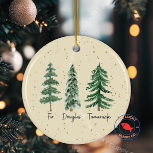 Puede incluir: Adorno navideño redondo de color crema con tres pinos verdes estilo acuarela. El adorno tiene motas doradas y las palabras "Fir", "Douglas" y "Tamarack" están escritas debajo. Se adjunta una cuerda dorada para colgarlo.
