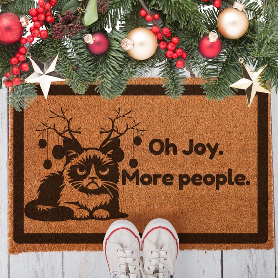 Oh Joy More People Rug, Coir doormat cat Christmas, Grumpy Cat Xmas, Sassy Cat Black Porch Rug, Coir Doormat Funny, Coir Doormat Stencil