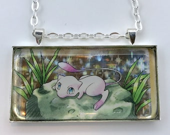 Lilypad Mew Necklace - Holographic Pokemon Card Necklace - Upcycled Pokemon Card Pendant w/Chain - Bar Necklace - Pokemon Necklace