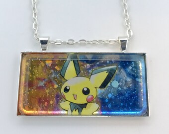 Pichu Necklace - Holographic Pokemon Card Necklace - Upcycled Pokemon Card Pendant w/Chain - Bar Necklace - Pokemon Necklace