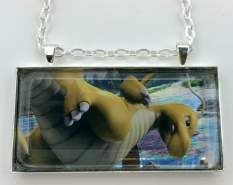 Dragonite Necklace - Holographic Pokemon Card Necklace - Upcycled Pokemon Card Pendant w/Chain - Bar Necklace - Pokemon Necklace