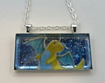 Dark Dragonite Necklace - Holographic Pokemon Card Necklace - Upcycled Pokemon Card Pendant w/Chain - Bar Necklace - Pokemon Necklace