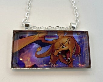 Charizard Necklace - Holographic Pokemon Card Necklace - Upcycled Pokemon Card Pendant w/Chain - Bar Necklace - Pokemon Necklace