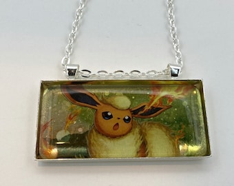 Flareon Necklace - Holographic Pokemon Card Necklace - Upcycled Pokemon Card Pendant w/Chain - Bar Necklace - Pokemon Necklace