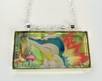 Cyndaquil Necklace - Holographic Pokemon Card Necklace - Upcycled Pokemon Card Pendant w/Chain - Bar Necklace - Pokemon Necklace